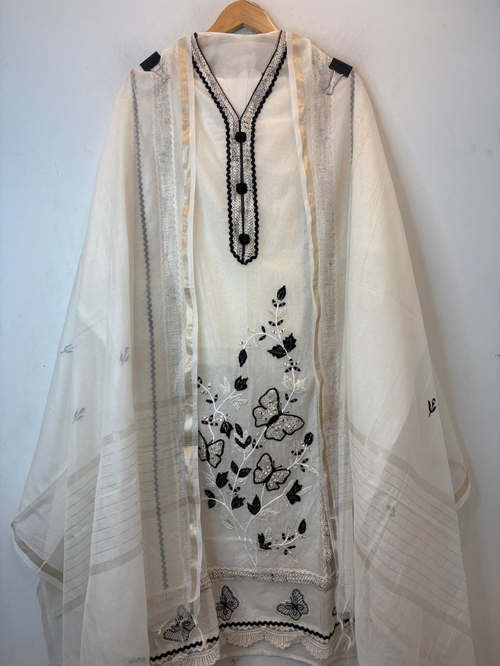 Off White Mul Chanderi Embroidered Suit Set with Mirror Work