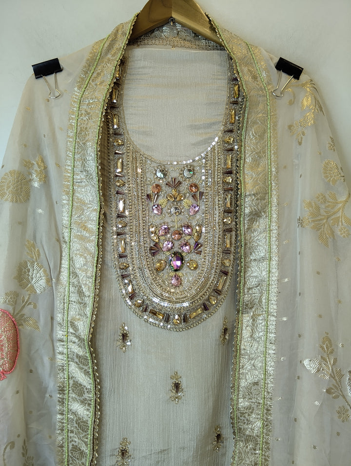 Crush Tissue Unstitched Suit Set with Heavy Dabka &amp; Banarasi Dupatta