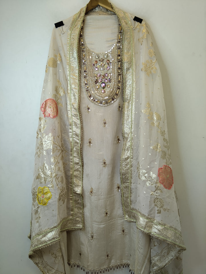 Crush Tissue Unstitched Suit Set with Heavy Dabka &amp; Banarasi Dupatta