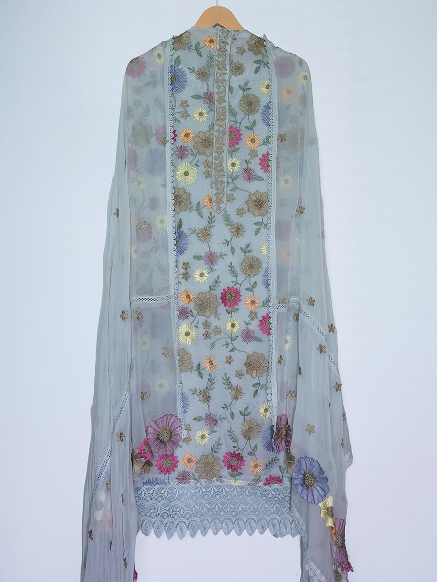 Sapphire Blue Organza Embroidered Suit