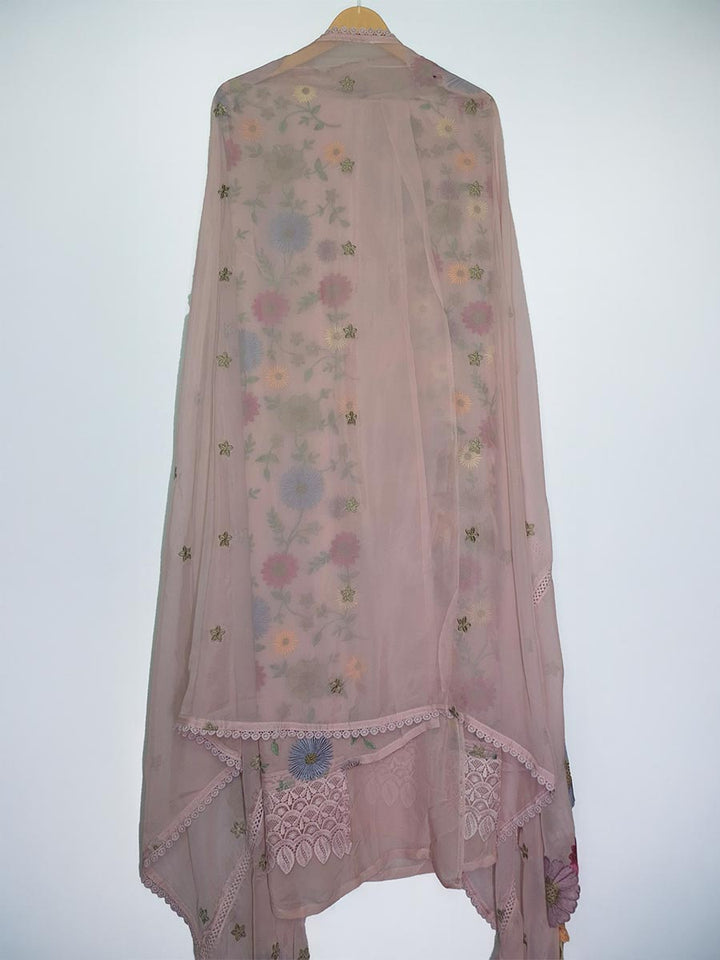 Fuchsia Pink Organza Embroidered Suit