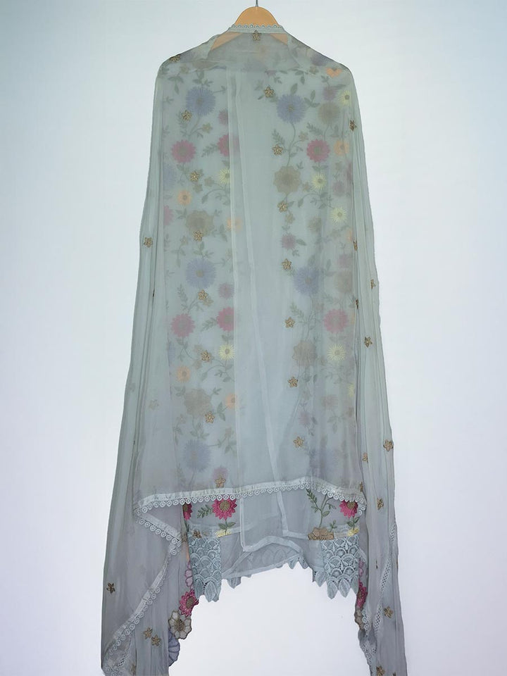 Sapphire Blue Organza Embroidered Suit