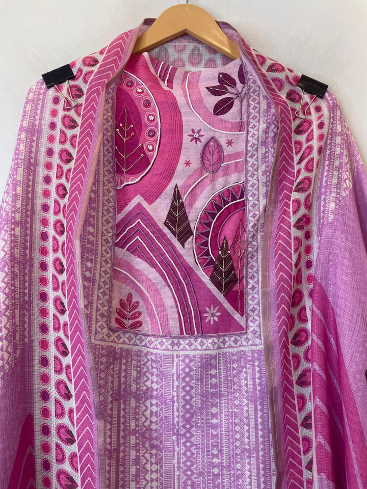 Pink Fine Cotton Printed Unstitched Suit Set with Dabka &amp; Pearl Work