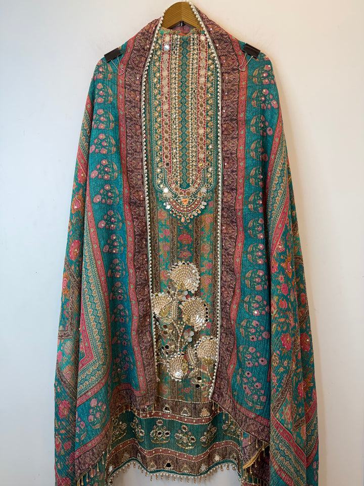 Zerina – Rama Green Crushed Tissue Mirror &amp; Dabka Suit