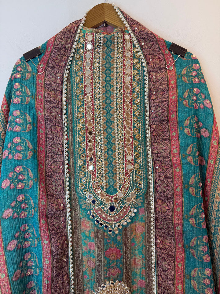Zerina – Rama Green Crushed Tissue Mirror &amp; Dabka Suit