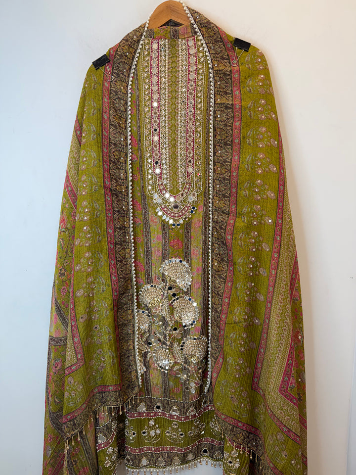 Zerina – Mehandi Green Crushed Tissue Mirror &amp; Dabka Suit