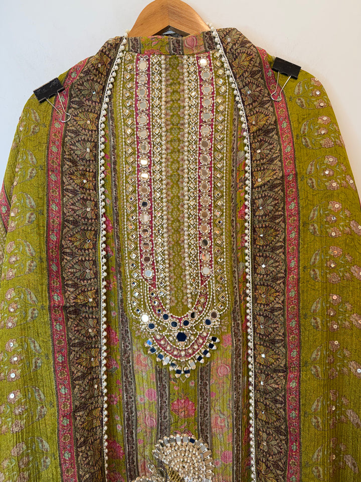 Zerina – Mehandi Green Crushed Tissue Mirror &amp; Dabka Suit