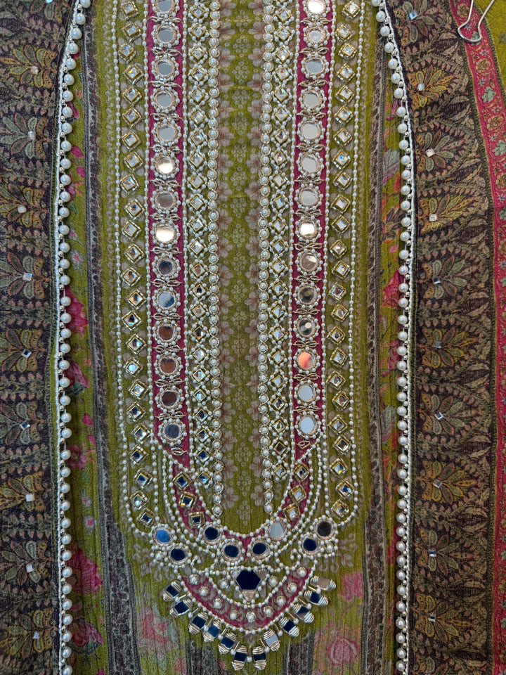Zerina – Mehandi Green Crushed Tissue Mirror &amp; Dabka Suit