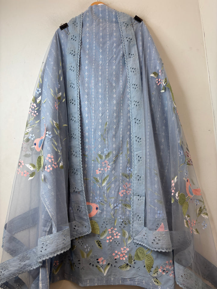 Zivara – Powder Blue Pure Cotton Brush Painted Embroidered Unstitched Suit