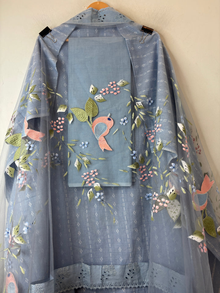 Zivara – Powder Blue Pure Cotton Brush Painted Embroidered Unstitched Suit