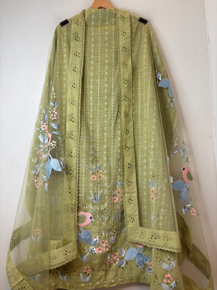 Zivara – Green Pure Cotton Brush Painted Embroidered Unstitched Suit
