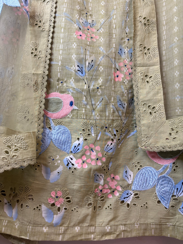 Zivara – Green Pure Cotton Brush Painted Embroidered Unstitched Suit