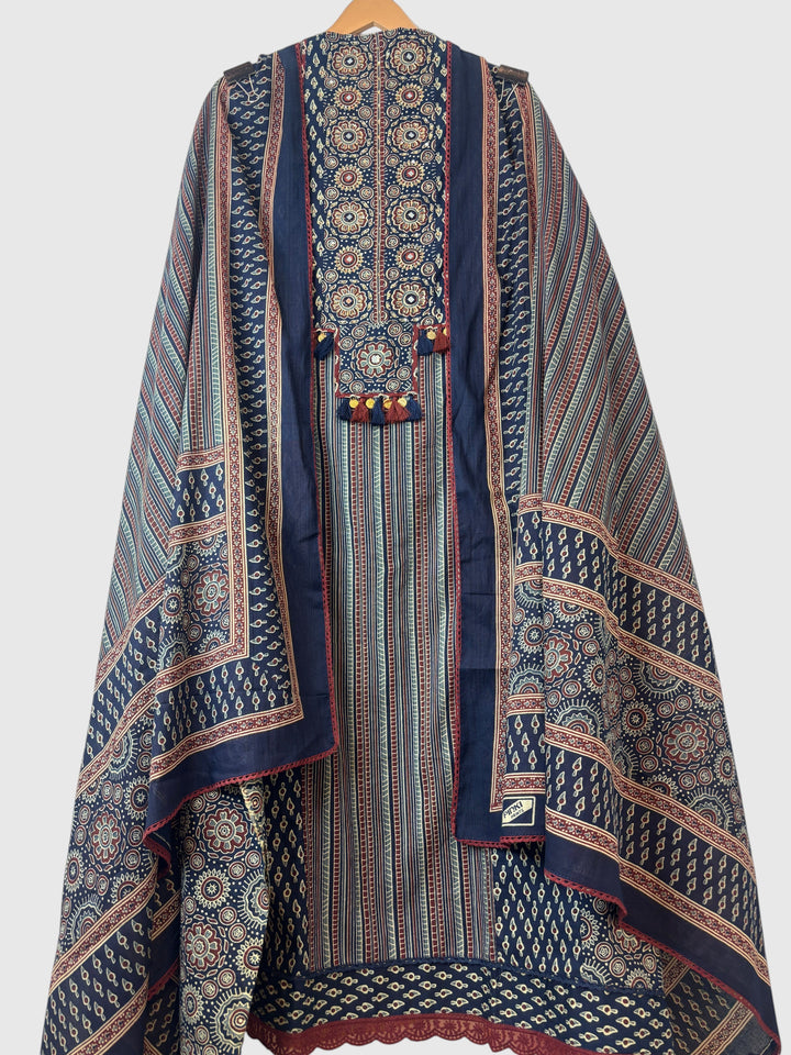 Zivara – Blue Ajrakh Print Pure Cotton Handwork Unstitched Suit