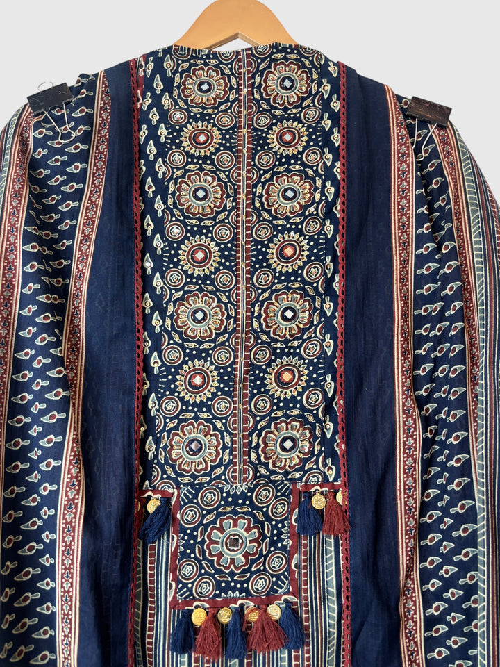 Zivara – Blue Ajrakh Print Pure Cotton Handwork Unstitched Suit