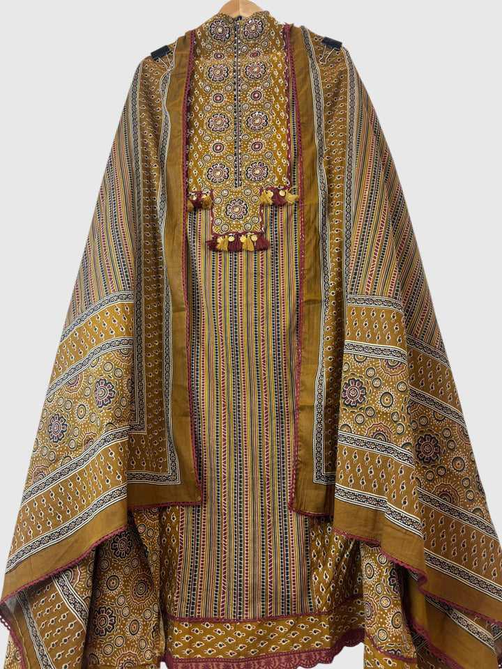 Zivara – Mustard Yellow Ajrakh Print Pure Cotton Handwork Unstitched Suit