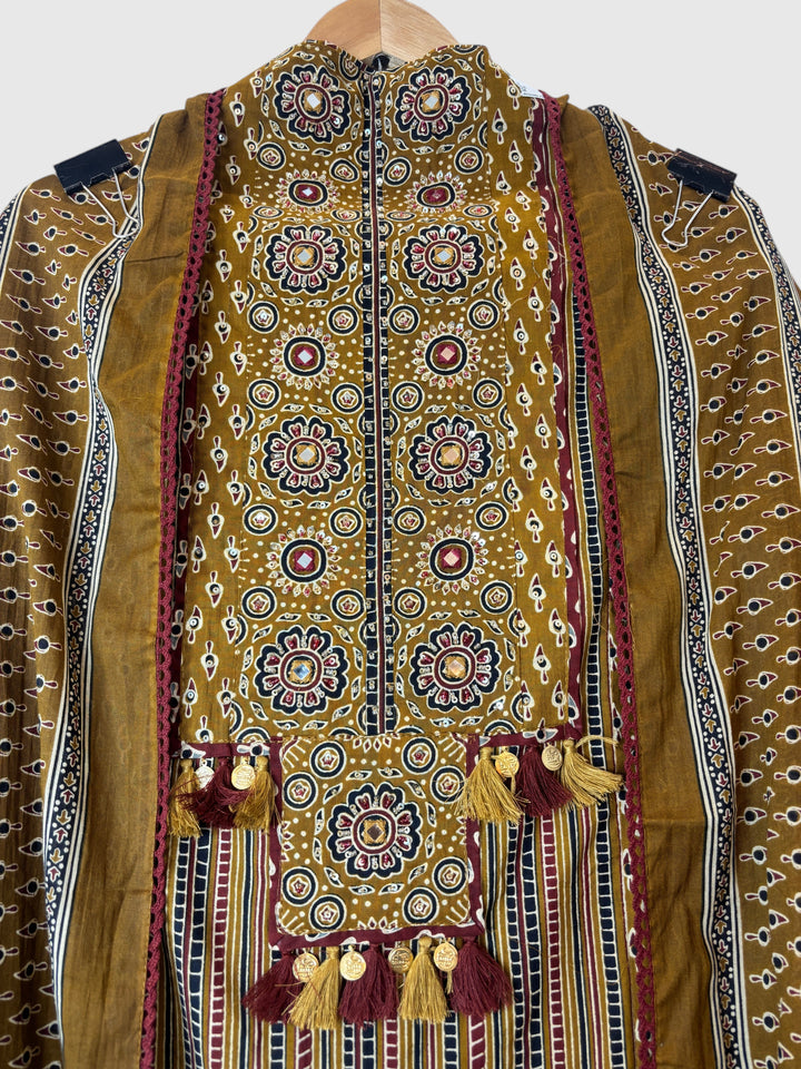 Zivara – Mustard Yellow Ajrakh Print Pure Cotton Handwork Unstitched Suit