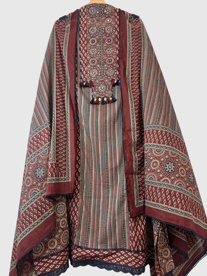 Zivara – Maroon Ajrakh Print Pure Cotton Handwork Unstitched Suit