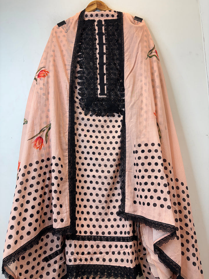 Zivara – Peach Mul Cotton Printed Unstitched Suit