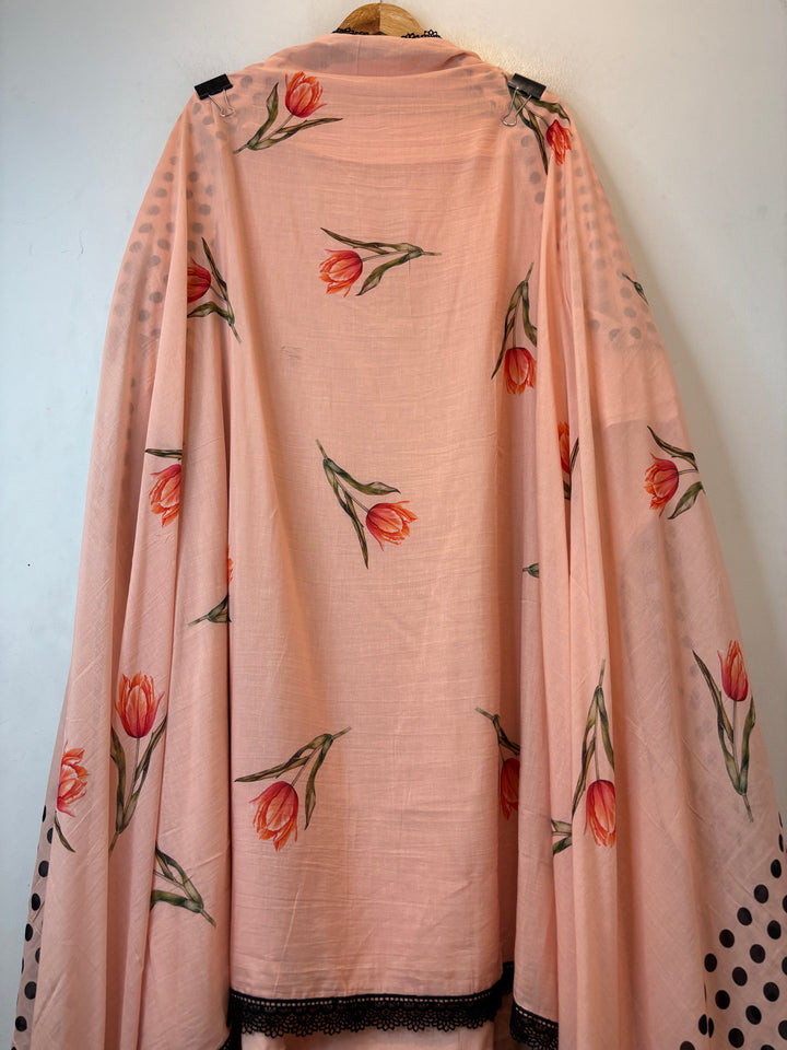 Zivara – Peach Mul Cotton Printed Unstitched Suit