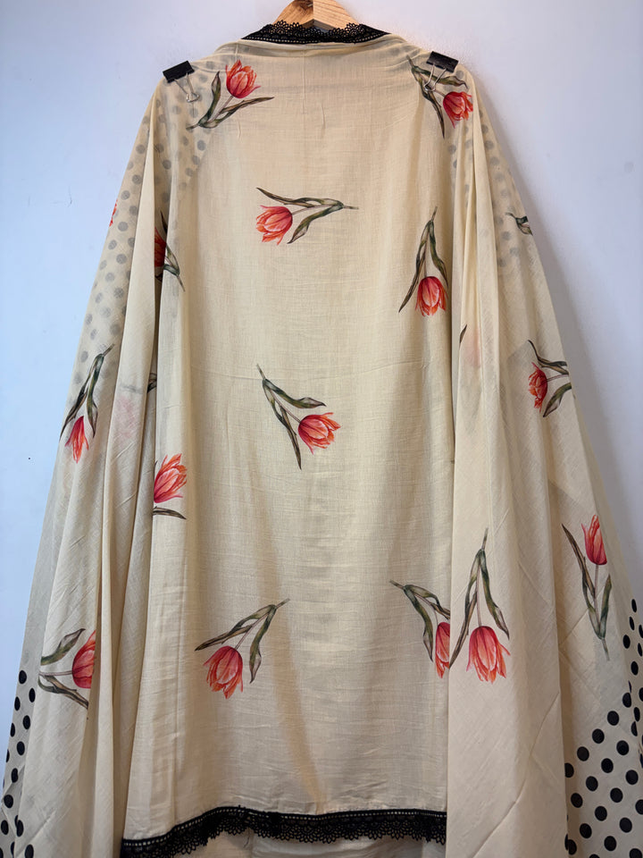 Zivara – Cream Mul Cotton Printed Unstitched Suit