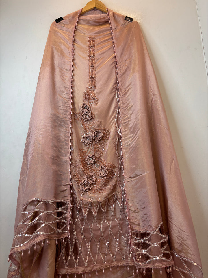 Zivara – Peach Tissue Embellished Unstitched Suit