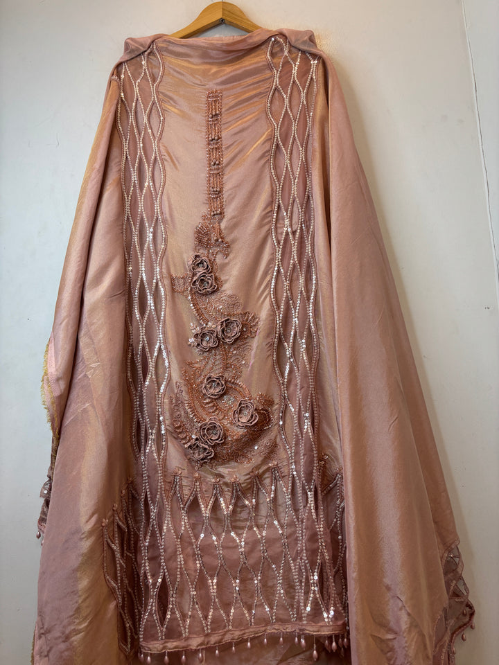 Zivara – Peach Tissue Embellished Unstitched Suit