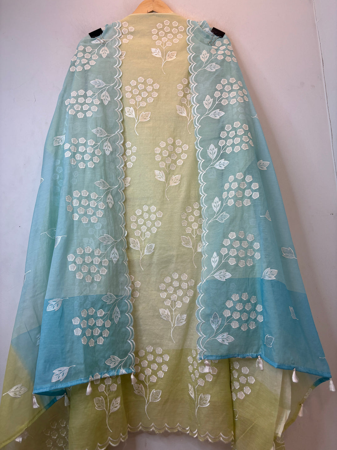 Zivara – Green with Blue Mul Chanderi Ombre Appliqué Work Unstitched Suit