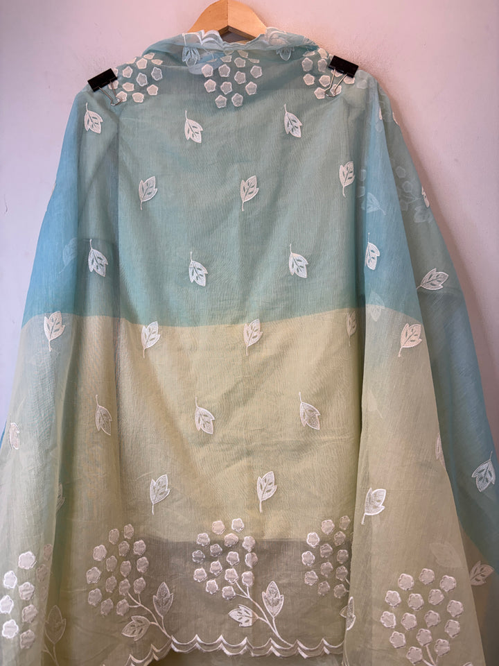 Zivara – Green with Blue Mul Chanderi Ombre Appliqué Work Unstitched Suit