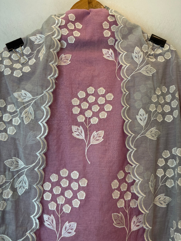 Zivara – Pink with Grey Mul Chanderi Ombre Appliqué Work Unstitched Suit