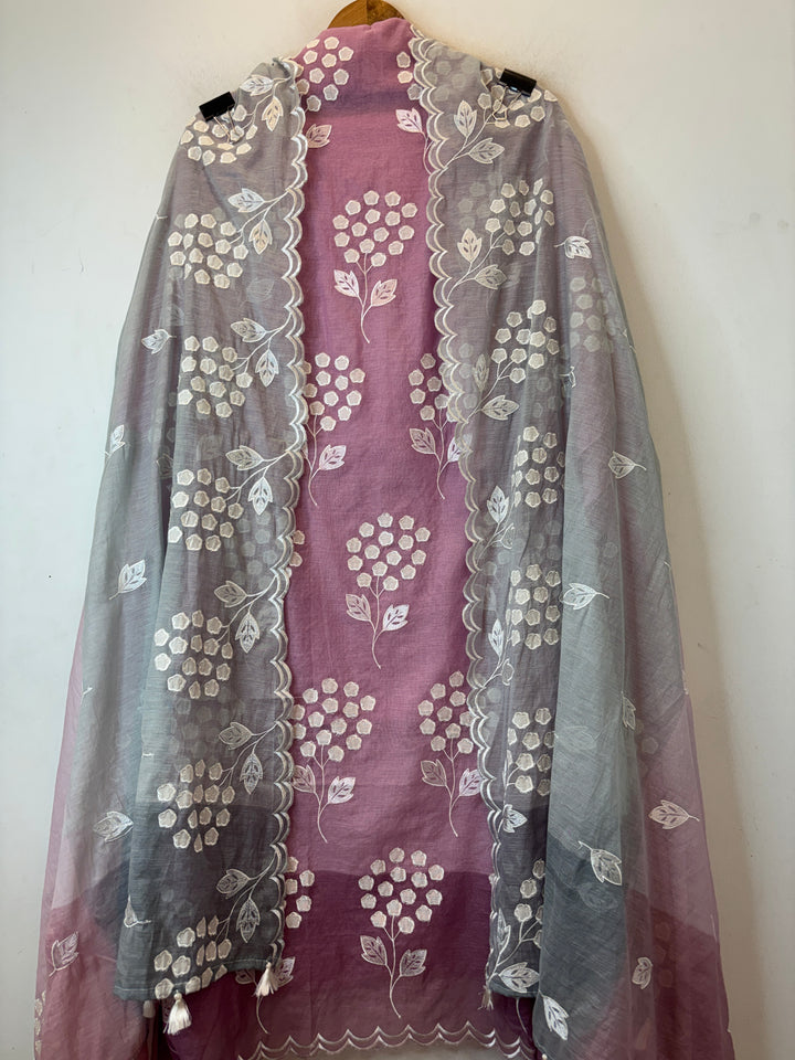 Zivara – Pink with Grey Mul Chanderi Ombre Appliqué Work Unstitched Suit