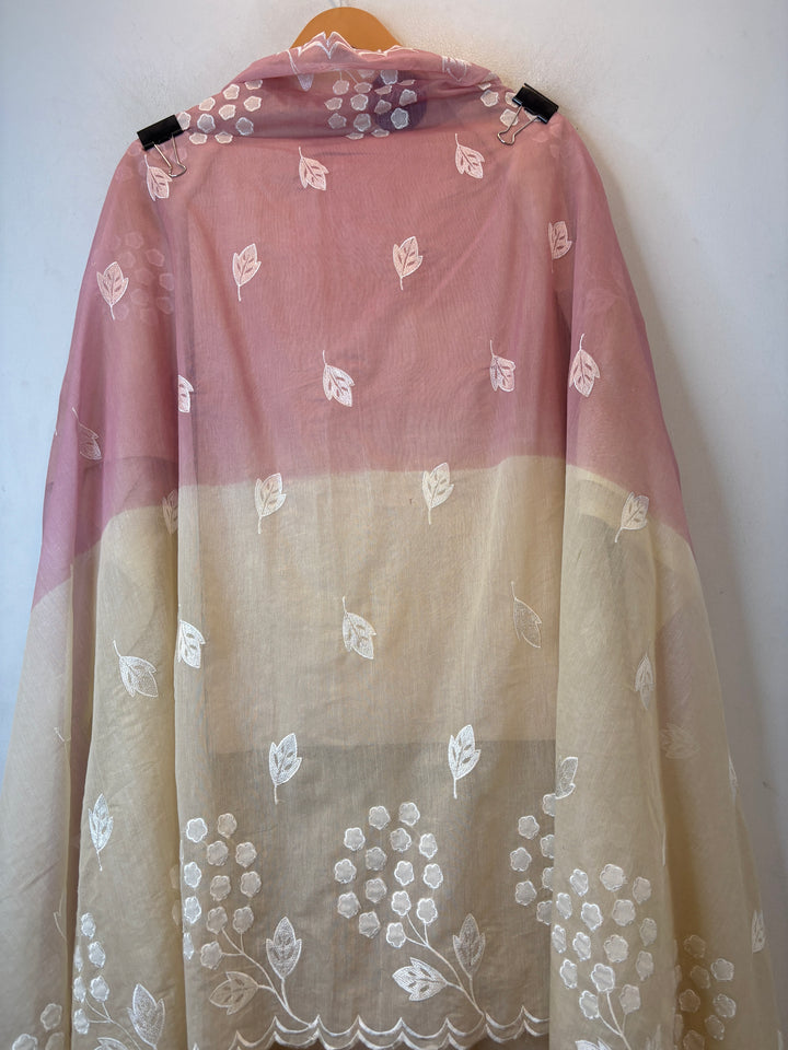 Zivara – Beigh with Pink Mul Chanderi Ombre Appliqué Work Unstitched Suit