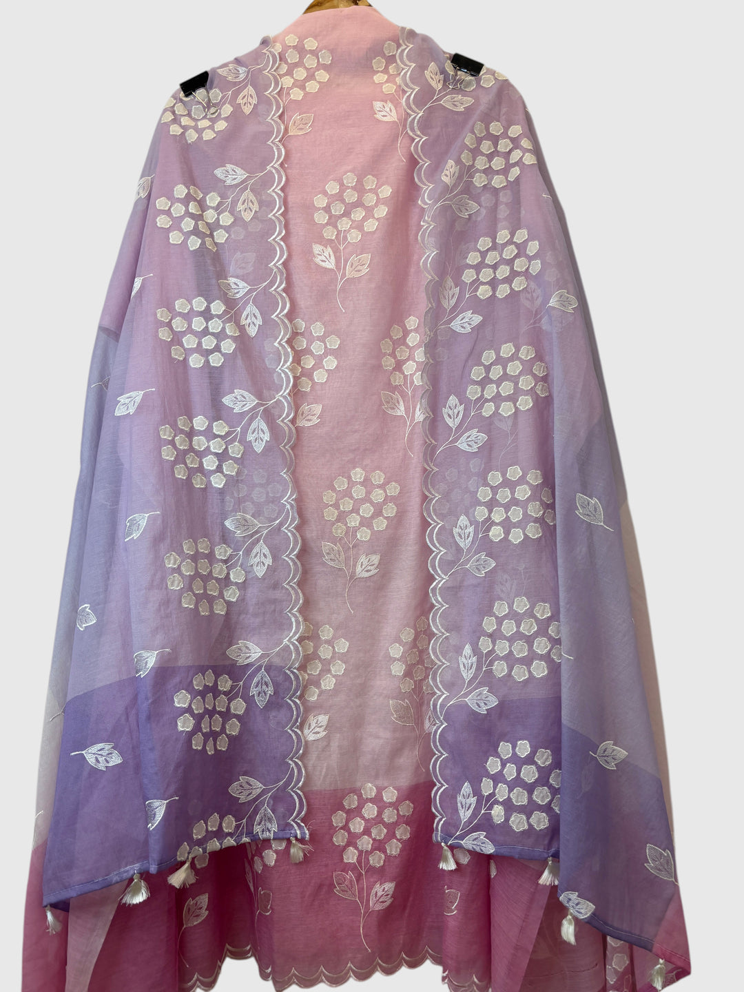 Zivara – Pink with Purple Mul Chanderi Ombre Appliqué Work Unstitched Suit