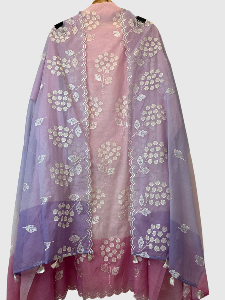 Zivara – Pink with Purple Mul Chanderi Ombre Appliqué Work Unstitched Suit