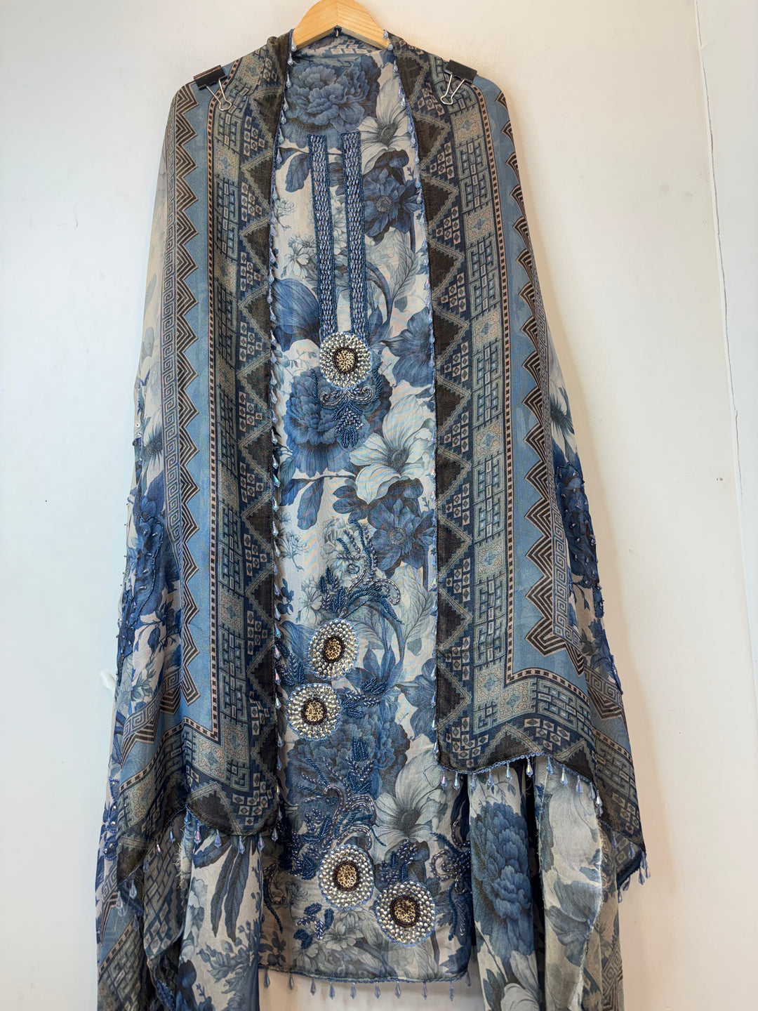 Blue Digital Printed Tissue Burberry Handwork Unstitched Suit