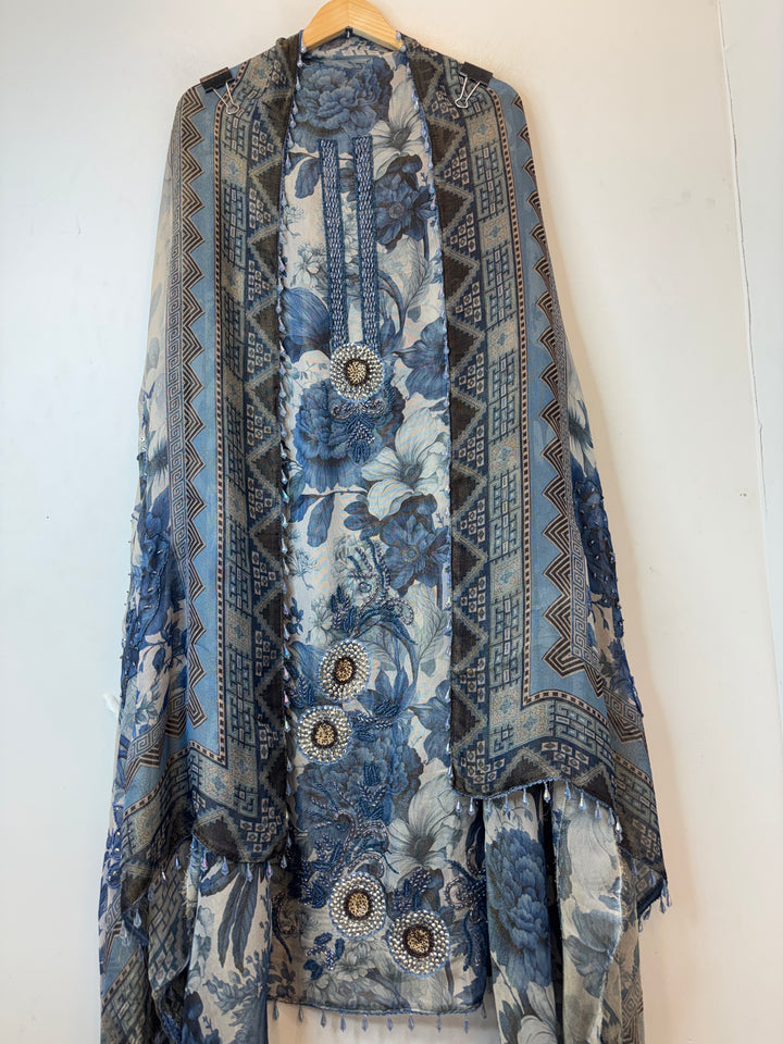 Blue Digital Printed Tissue Burberry Handwork Unstitched Suit