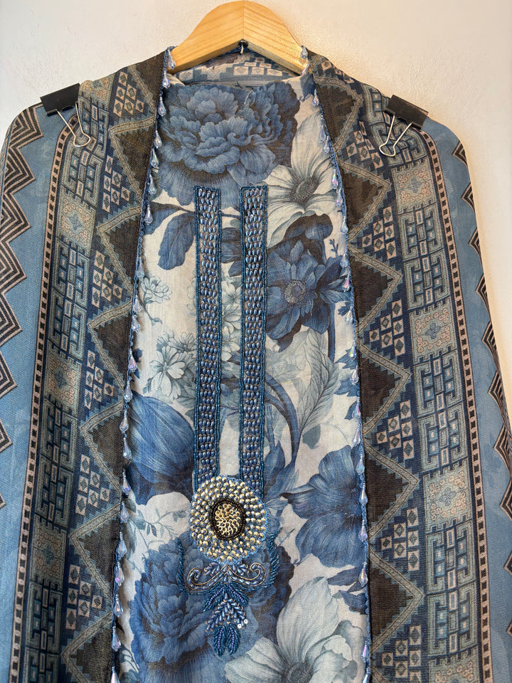 Blue Digital Printed Tissue Burberry Handwork Unstitched Suit