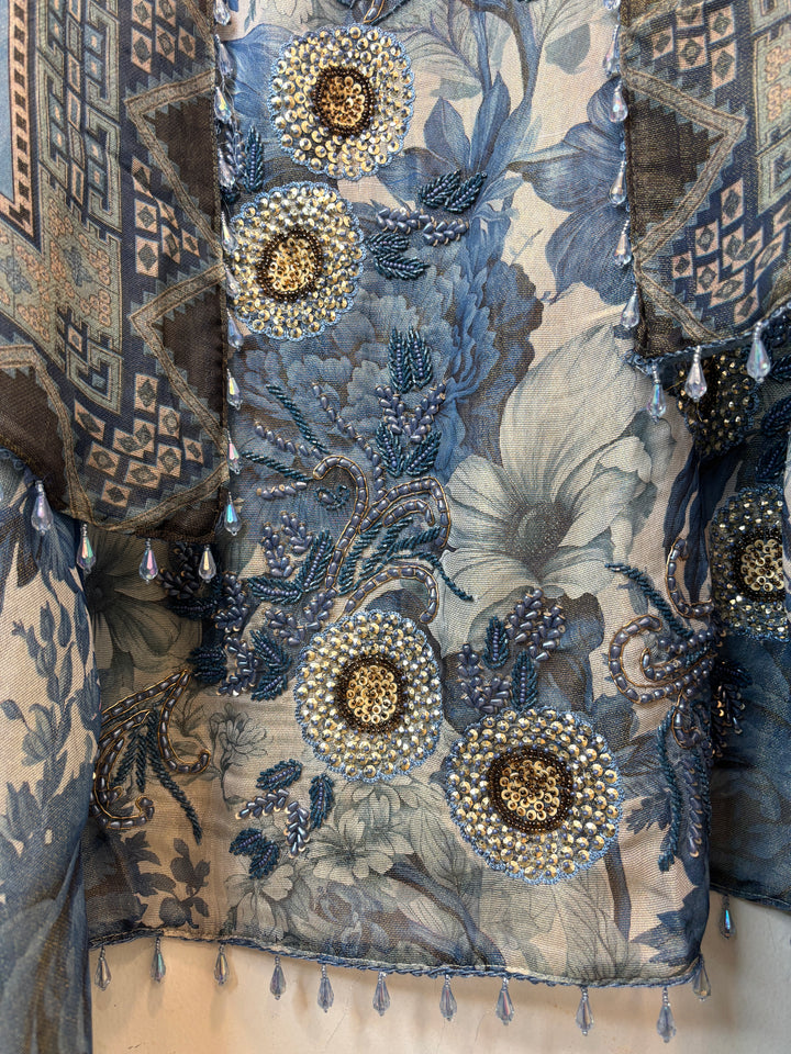 Blue Digital Printed Tissue Burberry Handwork Unstitched Suit