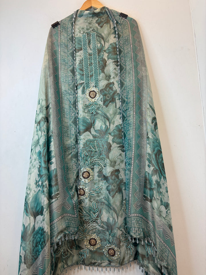 Green Digital Printed Tissue Burberry Handwork Unstitched Suit