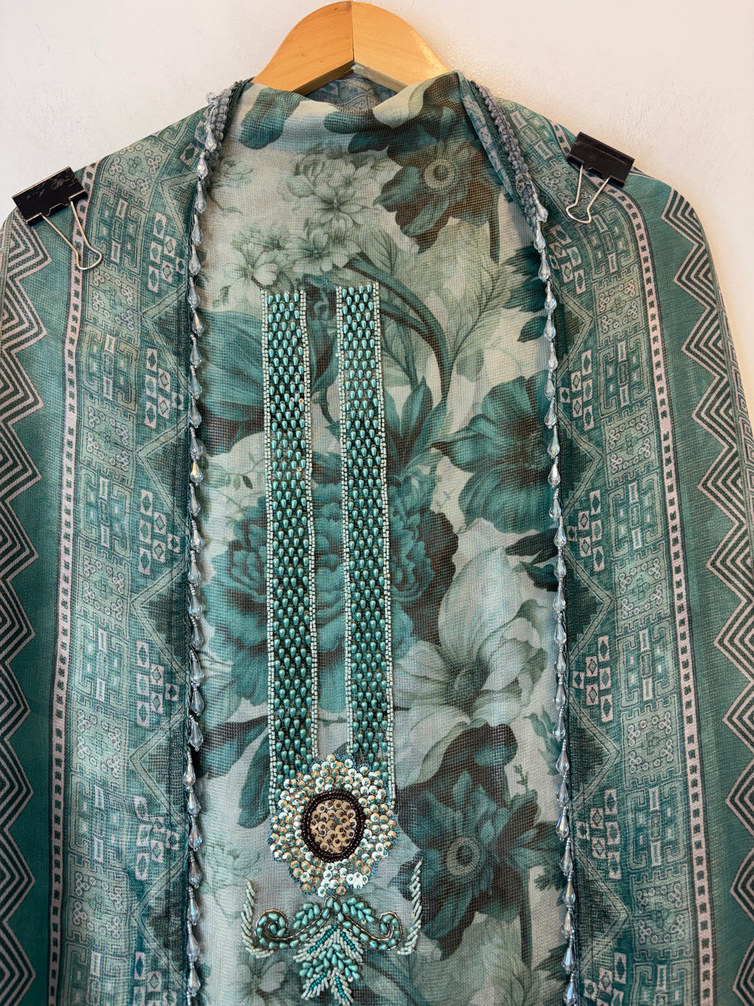 Green Digital Printed Tissue Burberry Handwork Unstitched Suit