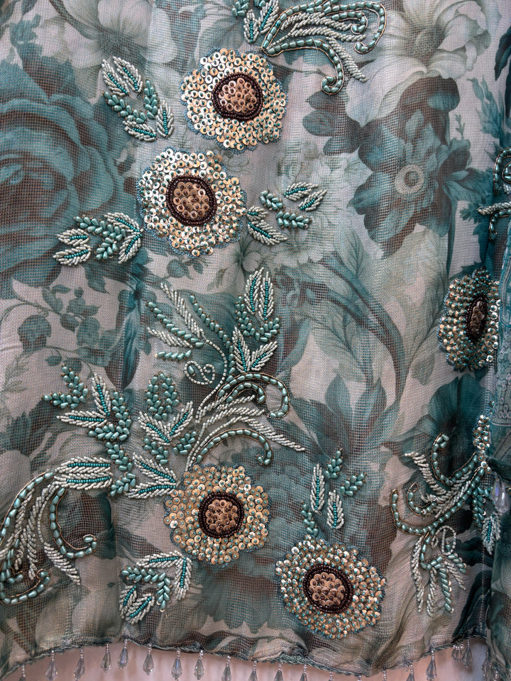 Green Digital Printed Tissue Burberry Handwork Unstitched Suit