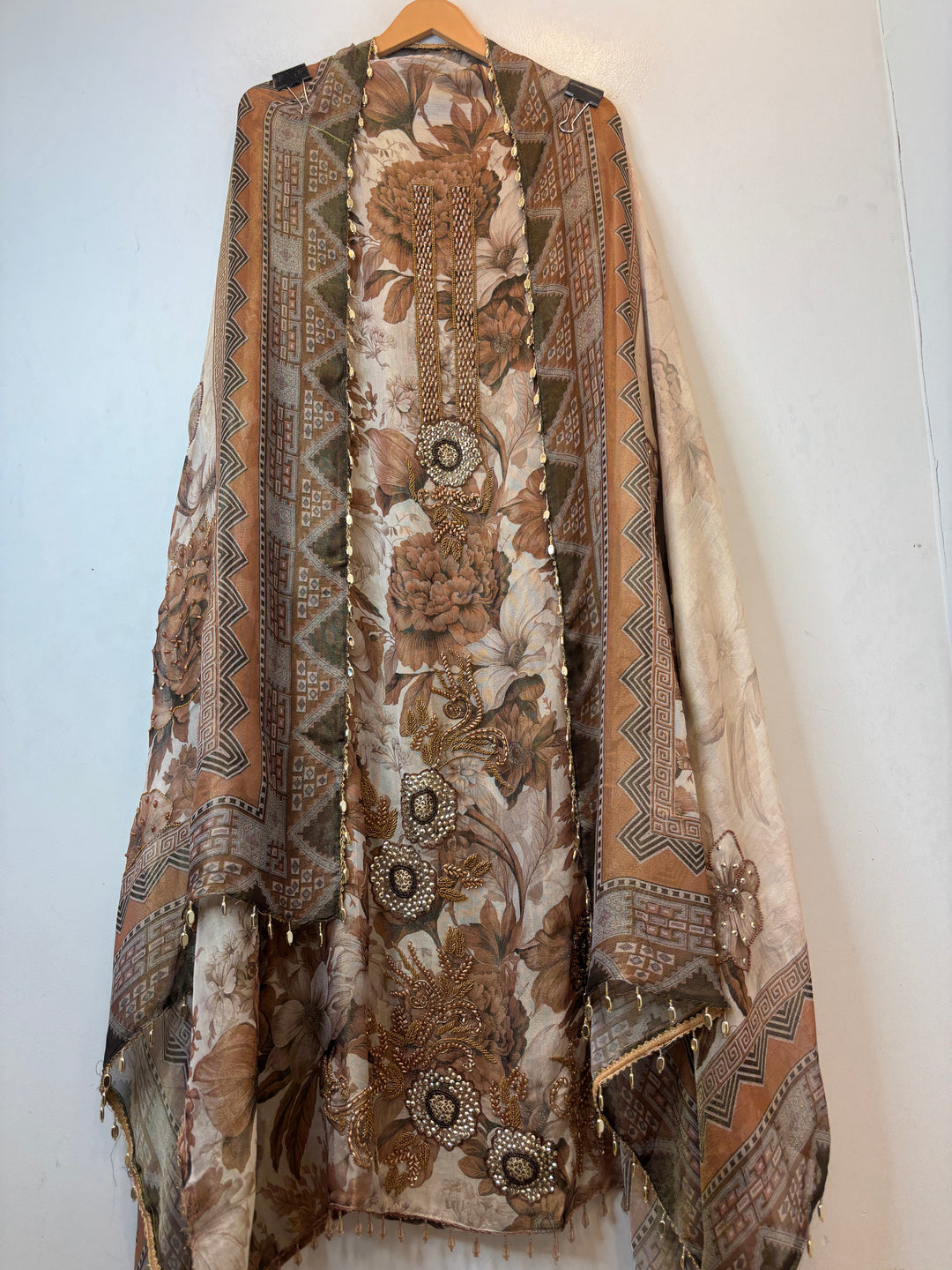 Brown Digital Printed Tissue Burberry Handwork Unstitched Suit