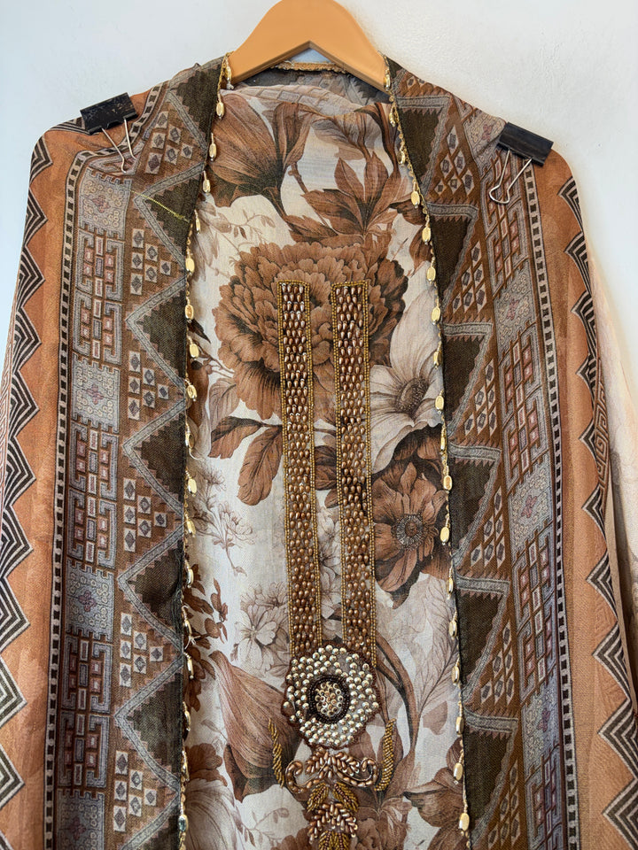 Brown Digital Printed Tissue Burberry Handwork Unstitched Suit