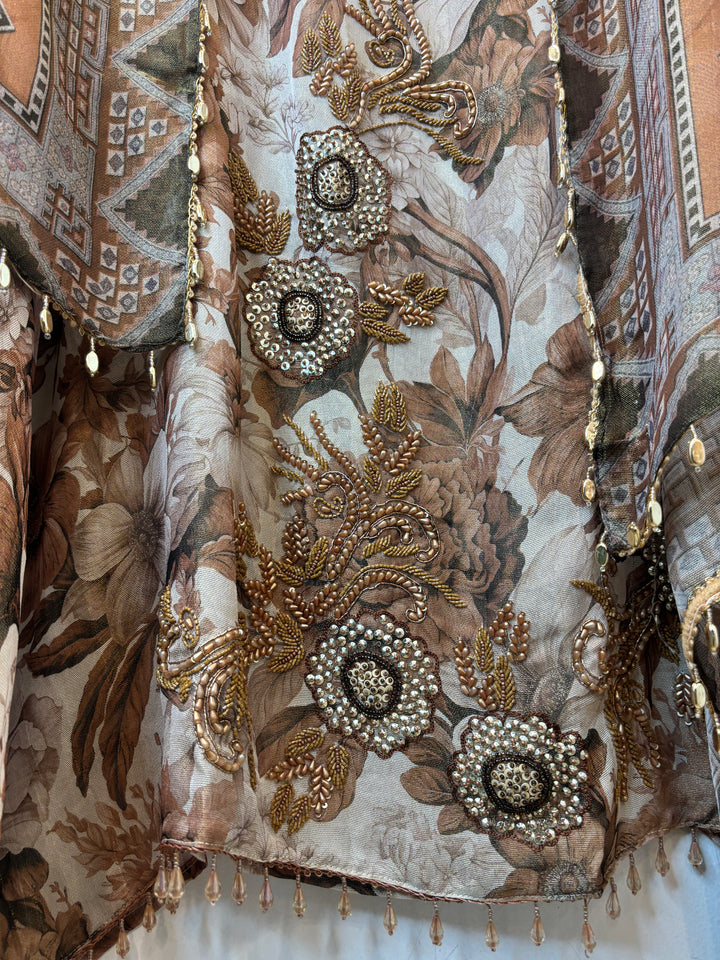 Brown Digital Printed Tissue Burberry Handwork Unstitched Suit