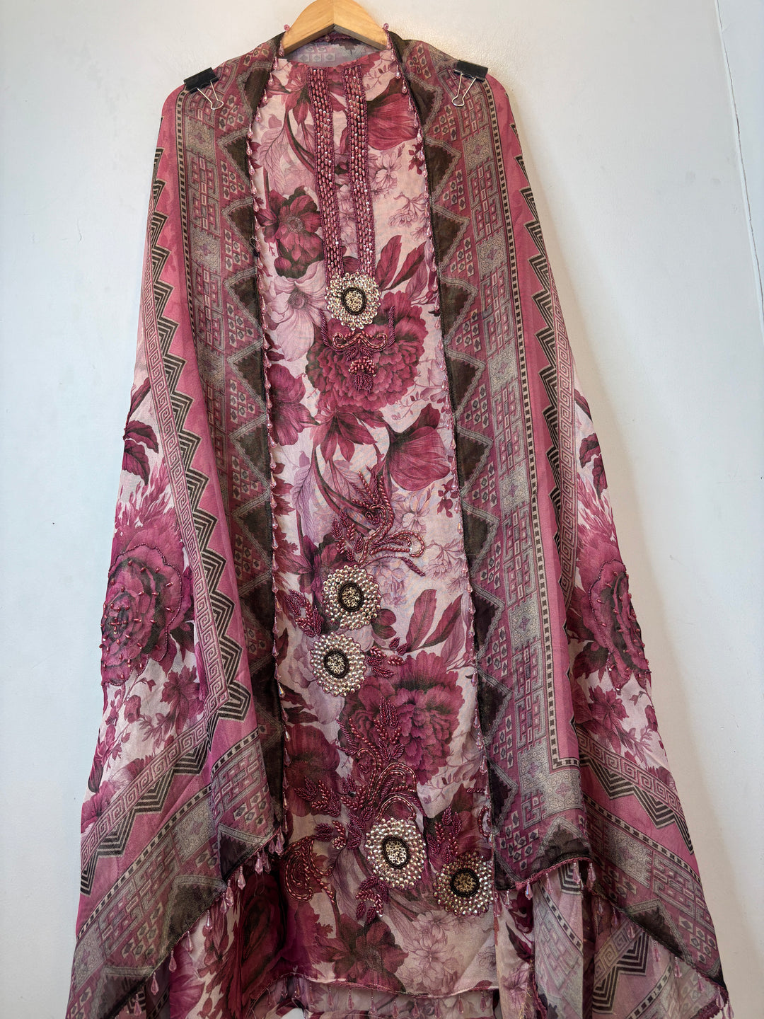 Onion Pink Digital Printed Tissue Burberry Handwork Unstitched Suit