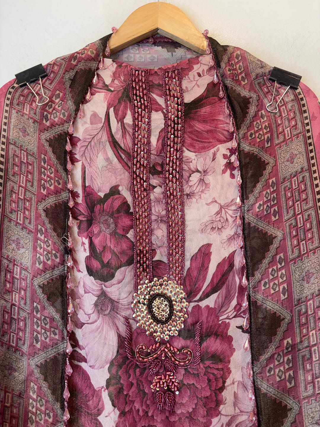Onion Pink Digital Printed Tissue Burberry Handwork Unstitched Suit