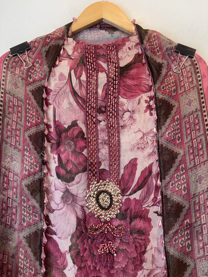 Onion Pink Digital Printed Tissue Burberry Handwork Unstitched Suit