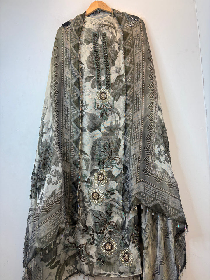 Greyish Green Digital Printed Tissue Burberry Handwork Unstitched Suit