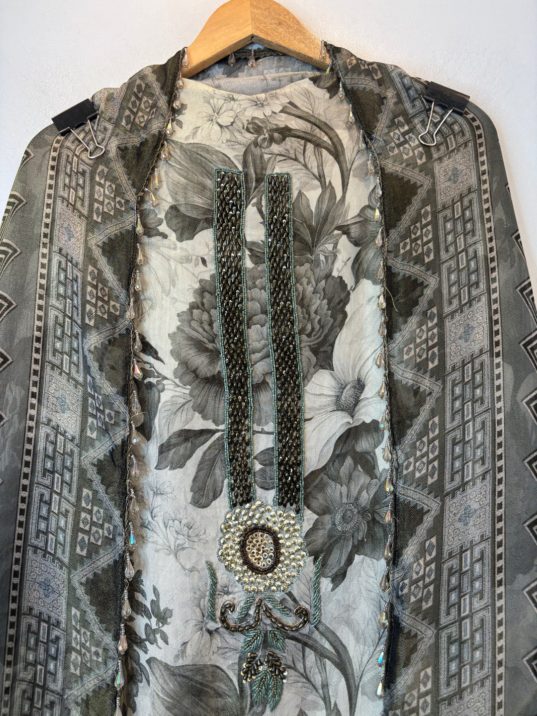 Greyish Green Digital Printed Tissue Burberry Handwork Unstitched Suit