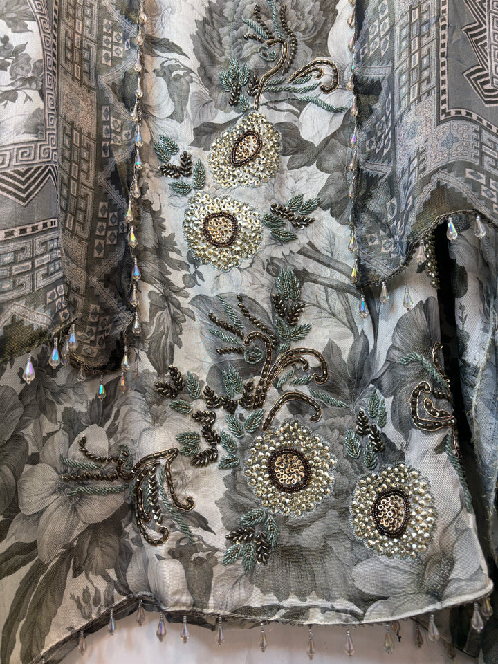 Greyish Green Digital Printed Tissue Burberry Handwork Unstitched Suit