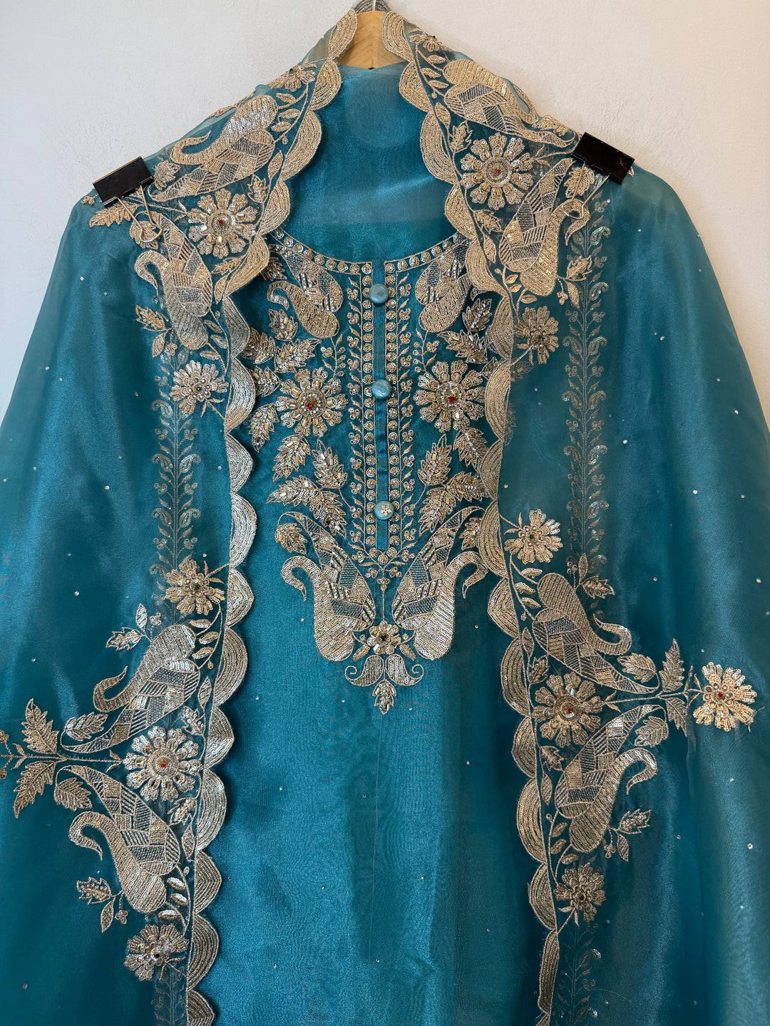 Zarevia – Blue Glass Tissue Zari Cutwork Suit